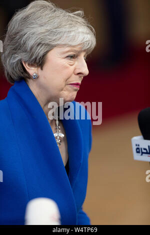 Belgium, Brussels, April 10th, 2019: European summit on Brexit, UK's leave from the European Union. British Prime Minister Theresa May arriving at the Stock Photo