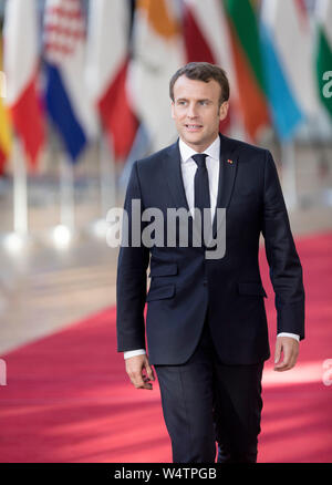 Belgium, Brussels, April 10th, 2019: European summit on Brexit, UK's leave from the European Union. French President Emmanuel Macron in front of EU me Stock Photo