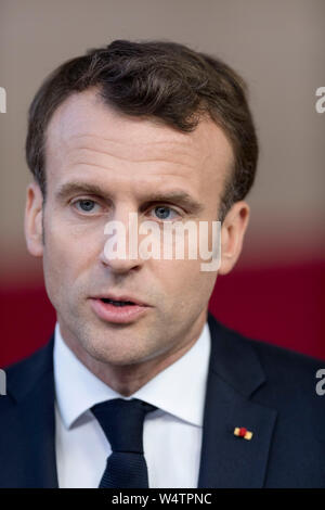 Belgium, Brussels, April 10th, 2019: European summit on Brexit, UK's leave from the European Union. French President Emmanuel Macron talking to the pr Stock Photo