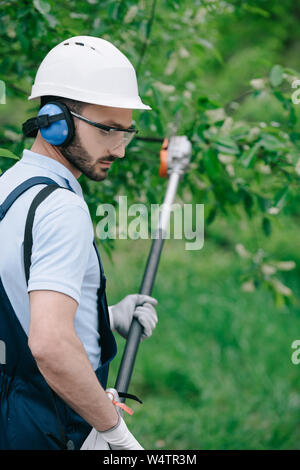 selective focus of thoughtful gardener in helmet and hearing protectors trimming trees with telescopic pole saw in garden Stock Photo