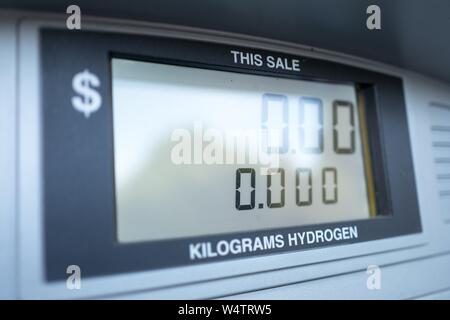 Close-up of pump apparatus with screen displaying cost of pumped hydrogen gas, designed to mimic the appearance of a traditional gasoline pump screen but providing cost in kilograms of hydrogen, at an experimental consumer hydrogen filling station for fuel cell emission-free cars, in San Ramon, California, November 4, 2018. () Stock Photo