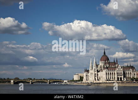 Hungarian Parliament building seen from the side across danube river with margit hid. Stock Photo