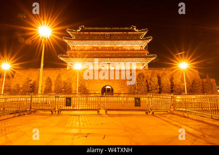 The ancient traditional Chinese Arrow Tower in the night, as known as Archery tower, or Jian Lou in Chinese located at Zhengyangmen or Qianmen  in Bei Stock Photo