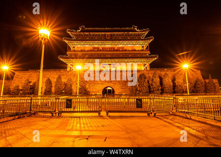 The ancient traditional Chinese Arrow Tower in the night, as known as Archery tower, or Jian Lou in Chinese located at Zhengyangmen or Qianmen  in Bei Stock Photo