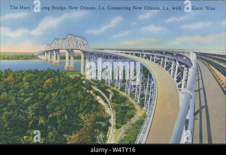 Vintage postcard reproduction of the Huey P Long Bridge over the Mississippi River, Jefferson Parish, Louisiana, 1930. () Stock Photo