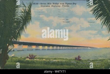 Vintage postcard reproduction of the Seven Mile Bridge, viewed from Pigeon Key overseas highway, Florida, 1930. () Stock Photo