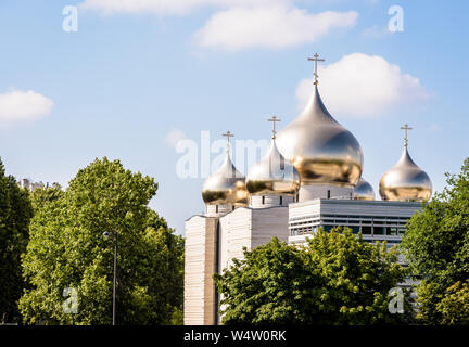 The Holy Trinity Cathedral in Paris, France, is a modern russian Orthodox cathedral, built in 2016 and topped by five golden onion domes. Stock Photo