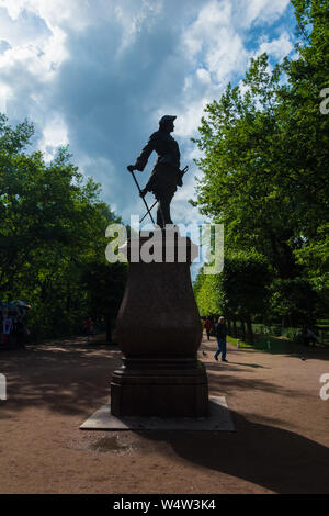 PETERHOF, RUSSIA - JULY 13, 2016: Silhouette of the statue of Peter 1 in Peterhof lower garden, The monument was erected in 1884. Author renowned scul Stock Photo