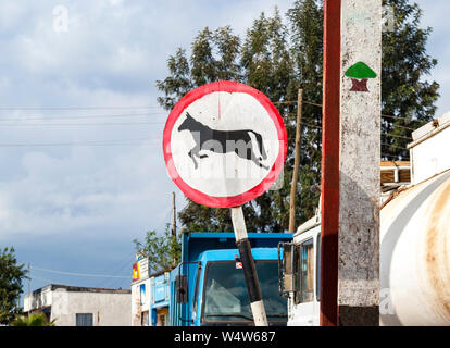 Bespoke road sign in Metu town, Ethiopia, showing jumping cow / horse Stock Photo