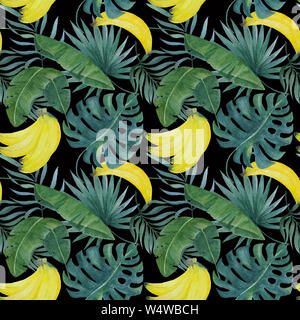 watercolor hand painted seamless pattern with bananas and tropical leaves on black background, exotic illustration for textile, wrapping, wallpaper Stock Photo