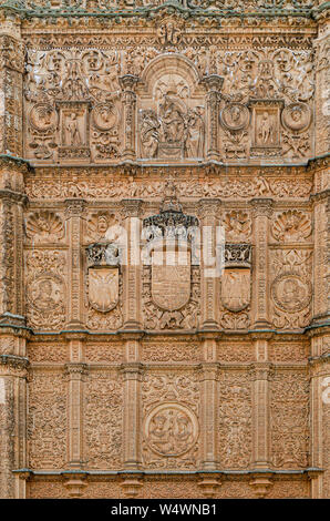 detail of the decoration and bas-reliefs of the main entrance door to the building. Main Schools of the University of Salamanca middle age. Spain Stock Photo