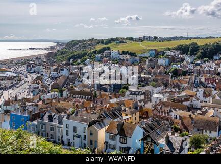The view over Hastings Old Town from the top of East Hill cliff top. The East Hill Lift takes visitors to the top of the hill. Stock Photo
