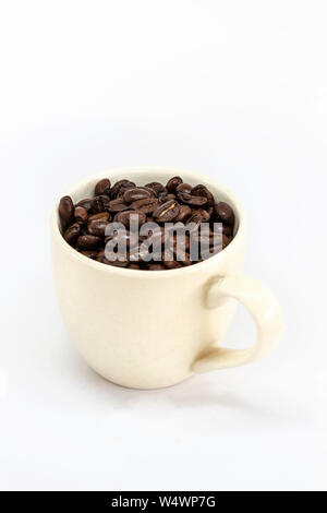 White cup of coffee and coffee grains on white background with clipping path Stock Photo