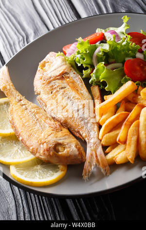 Fried pink dorado fish served with french fries and vegetable salad close-up on a plate on the table. vertical Stock Photo