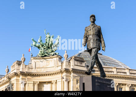 A statue of Charles de Gaulle, the famous french statesman, has been installed in 2000 on the avenue des Champs-Elysées in front of the Grand Palais. Stock Photo