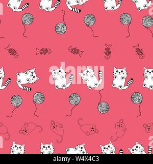 Cute hand drawn pattern background with kittens , fish bones, mice and yarn balls.  Stock Vector