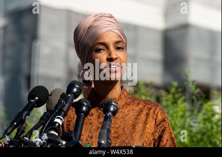 U.S. Representative Ilhan Omar (D-MN) speaks at a press conference during the introduction of the Zero Waste Act in Congress at the Capitol in Washington, DC. Stock Photo