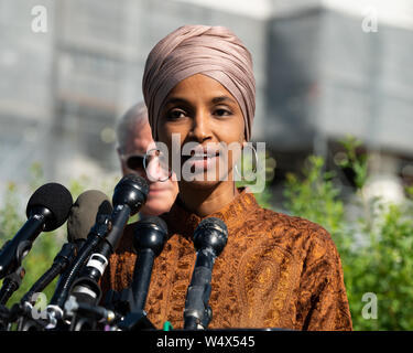 U.S. Representative Ilhan Omar (D-MN) speaks at a press conference during the introduction of the Zero Waste Act in Congress at the Capitol in Washington, DC. Stock Photo