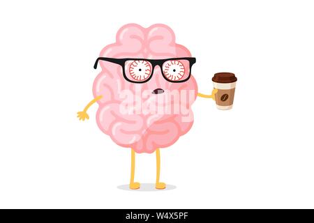 Tired fatigue bad emotion cute cartoon human brain character with hot coffee cup. Central nervous system organ wake up bad monday morning funny concept. Vector flat illustration Stock Vector