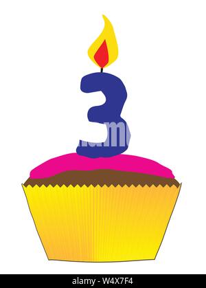 A candy cupcake with pink icing and a number 3 as the candle Stock Vector