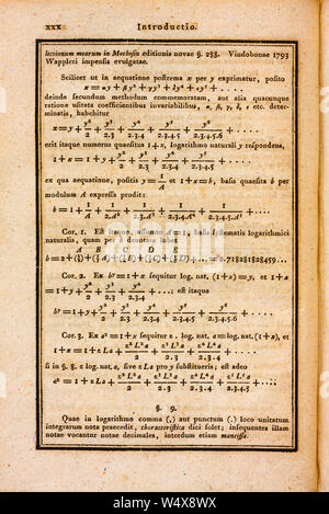 Yellowed page of a 200 years old mathematics book with complex mathematical calculations, equations and formulas and latin explanations. Stock Photo