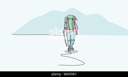Walking adventurer with big backpak carrier ravel Lifestyle hiking adventure concept summer vacations outdoor exploring single line bad drawing with w Stock Vector