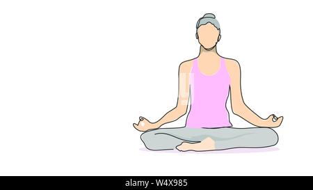 woman sitting in lotus pose meditating yoga meditation single line bad drawing with water color efect flat style illustration Stock Vector