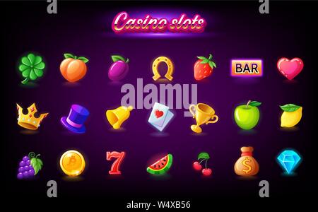 Colorful slots icon set for casino slot machine, gambling games, icons for mobile arcade and puzzle games vector Stock Vector