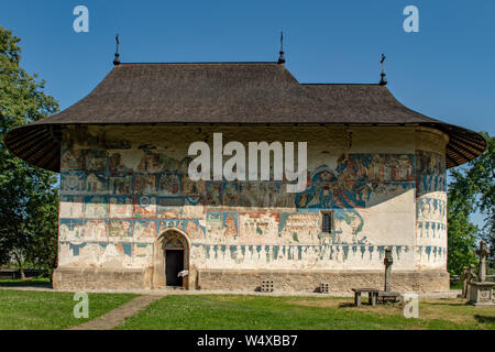 Painted Wall of the Church, Arbore, Romania Stock Photo