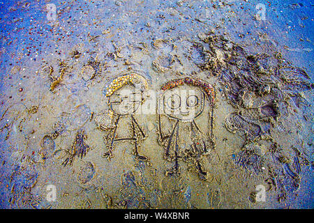 Sand-Couple, Art on the Sand of the Beach in Oostkapelle, Netherlands Stock Photo