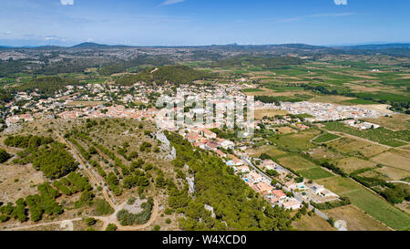 Aerial view of Roquefort des Corbieres in the Aude Stock Photo