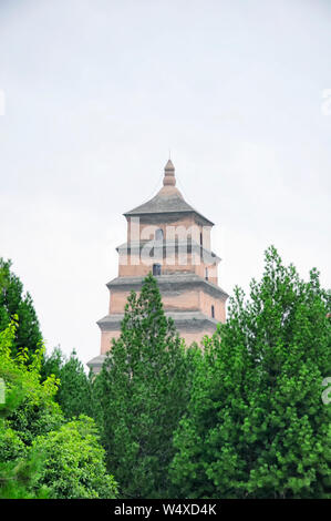 The giant wild goose pagoda or Dayan Pagoda located in Da Cien Temple complex in Xian China on an overcast day. Stock Photo