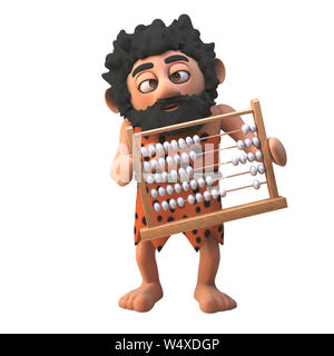 Stone age caveman character in 3d holding an abacus, 3d illustration render Stock Photo