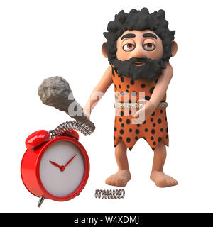 Caveman prehistoric character in 3d smashes his alarm clock with a wooden club, 3d illustration render Stock Photo