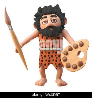 Cartoon caveman character in 3d preparing to paint his cave with paintbrush and palette, 3d illustration render Stock Photo