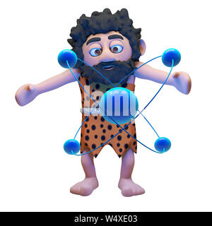 Comic caveman character in 3d is deep in thought studying the atom, 3d illustration render Stock Photo