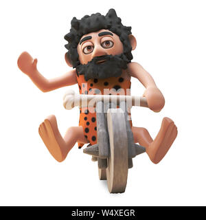 Prehistoric caveman character in 3d free wheeling his stone bike, 3d illustration render Stock Photo