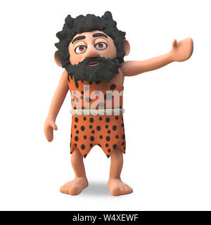 Caveman character in 3d gestures to his left, 3d illustration render Stock Photo