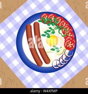 Cooked fried eggs with sausage, tomatoes, onions and herbs. Vector illustration Stock Vector