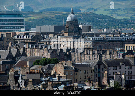 The view from Calton Hill looking South towards the dome of Edinburgh University's Old College and in the distance the Pentland Hills. Stock Photo