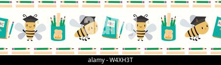 Cute going back to school border with bees, books and pencils. Seamless vector pattern on white textured background. Great for children, school Stock Vector