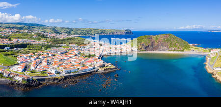 Fort de San Sebastian, idyllic beach and azure turquoise Baia do Porto Pim, red roofs of historical Horta town, Monte Queimado, Faial island, Azores Stock Photo
