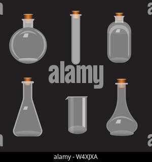 Set of different transparent flasks with tube on black background Stock Vector