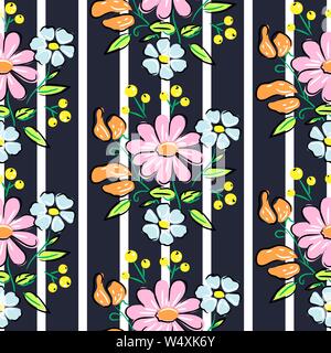 Flowers vintage hand drawn brown dark colors seamless vector pattern on stripes. Stock Vector