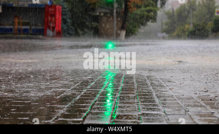 At the crossroads of the road, the green light of a traffic light is lit in the pouring rain on a city street. Stock Photo