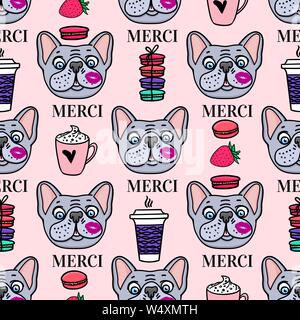 Vector French Bulldog with a mug of coffee and macaroons french style Merci. Seamless surface design Stock Vector