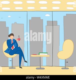 Businessman break time, drinking coffee or tea, hand-drawn vector illustration. Color outlines and colored. Stock Vector