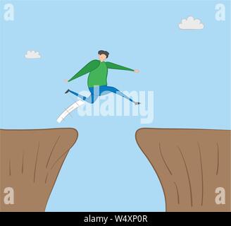 Man jumping over abyss, hand-drawn vector illustration. Color outlines and colored. Stock Vector