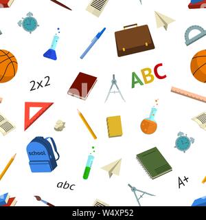 seamless pattern with school elements on return to school the first of september in flat style in color. Vector illustration Stock Vector
