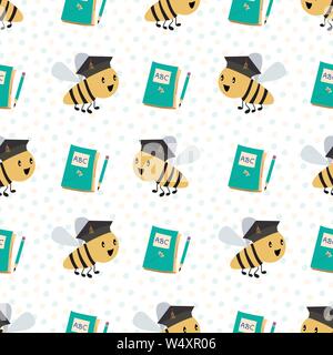 Cute honey bees with books and pencils going back to school. Seamless vector pattern on white confetti textured background. Great for children Stock Vector